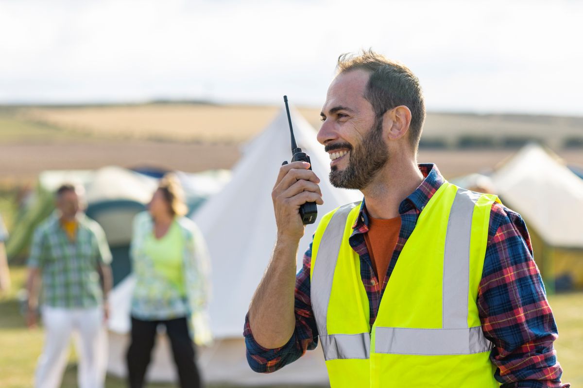 Safety worker on radio